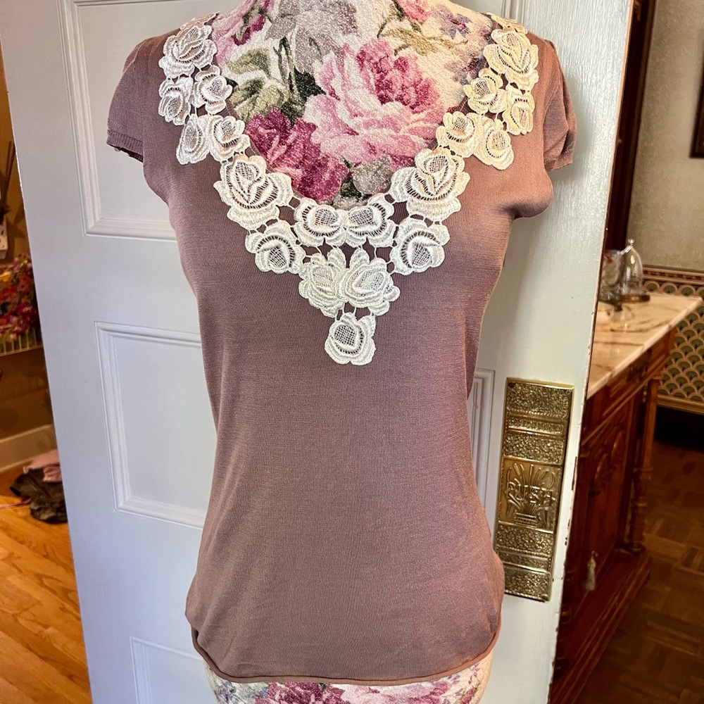 Yoana Baraschi Knit Top with lace roses Large - very soft- excellent condition